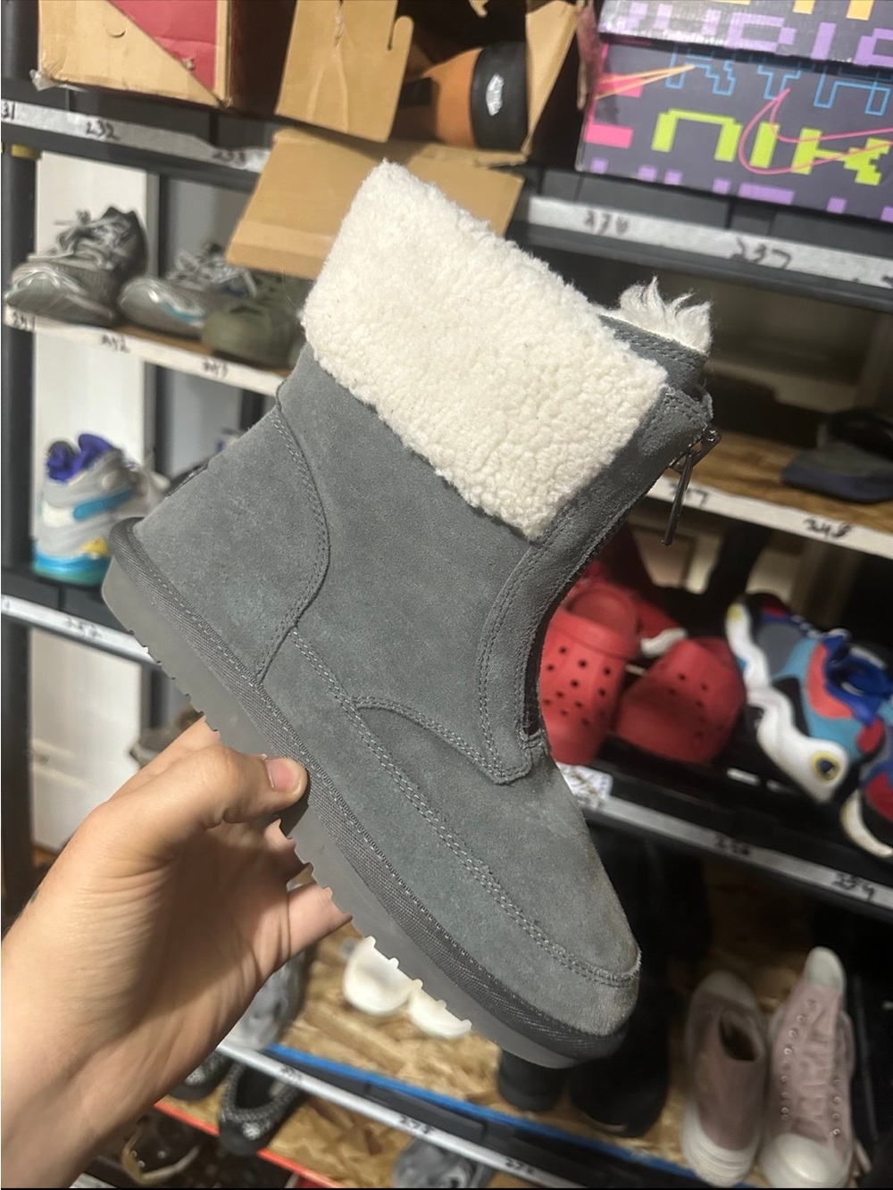 UGG Gray Suede Shearling Cuff Ankle Boot